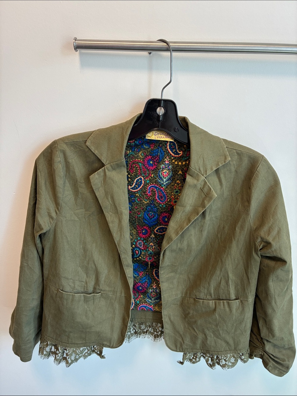 princess vera wang Olive Green Cropped Blazer with Paisley Lining size small